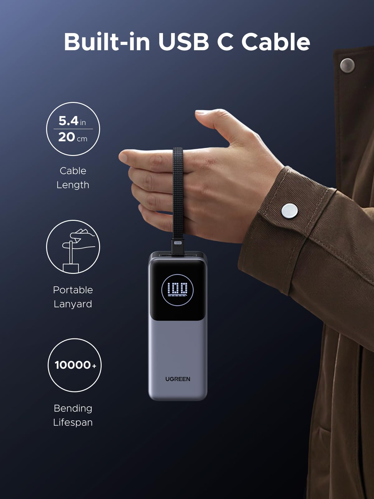 UGREEN Nexode Power Bank 20000mAh 130W with Built-in USB-C Cable